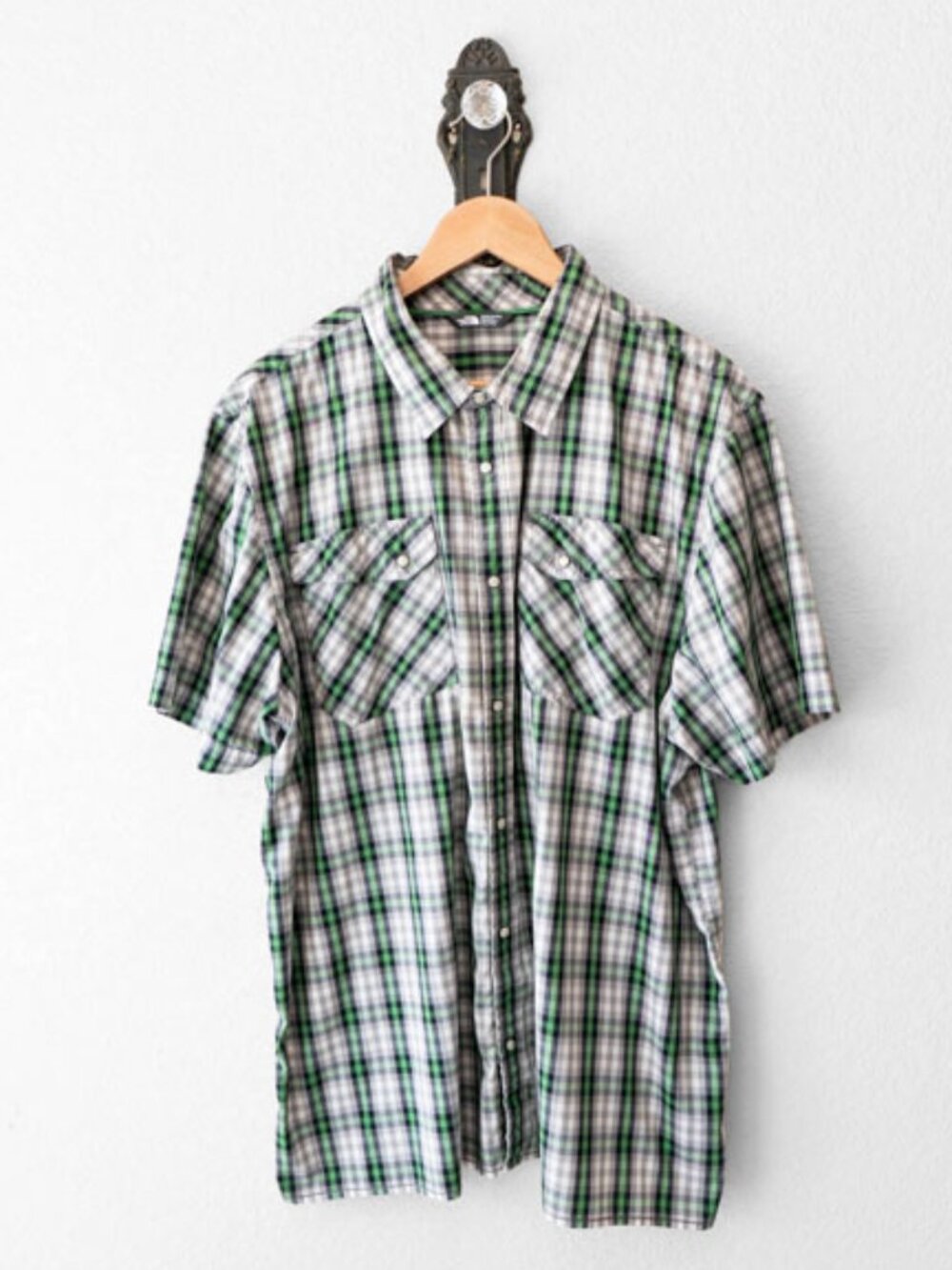 The North Face Plaid Snap Button Up Shirt XXL Green Gray Outdoor Hiking